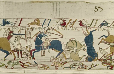 Normannen und Engländer fallen Seite an Seite in der Schlacht, Bayeux-Tapete